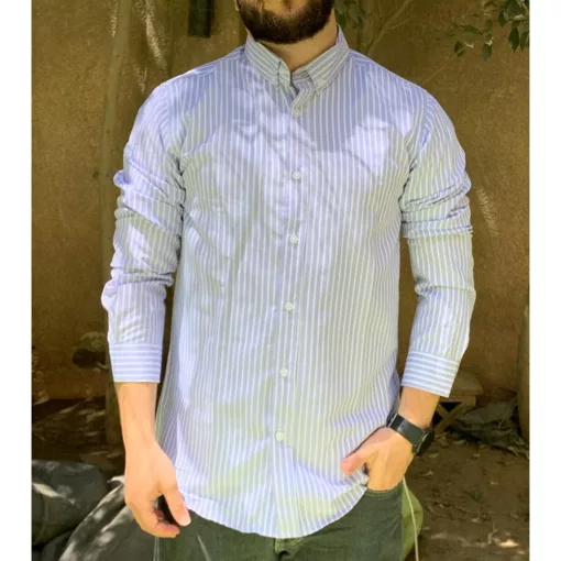 ⁦شيميز رجالي لبني ستريب كم⁩ - الصورة ⁦8⁩