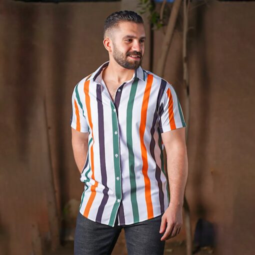 ⁦شيميز رجالي نص 3 خط  ابيض⁩ - الصورة ⁦2⁩