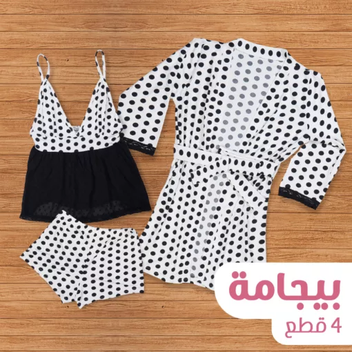 بيجامة صيفي شيك 4 قطع، خامة ليكرا، شورت + بنطلون منقط ابيض