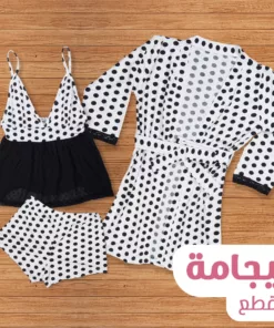 بيجامة صيفي شيك 4 قطع، خامة ليكرا، شورت + بنطلون منقط ابيض