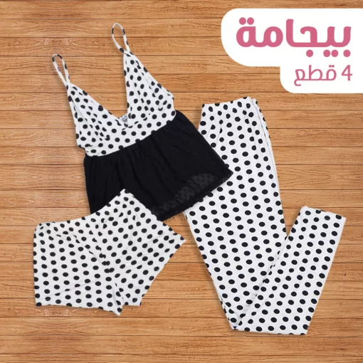 بيجامة 4 قطع، خامة ليكرا، شورت + بنطلون منقط ابيض